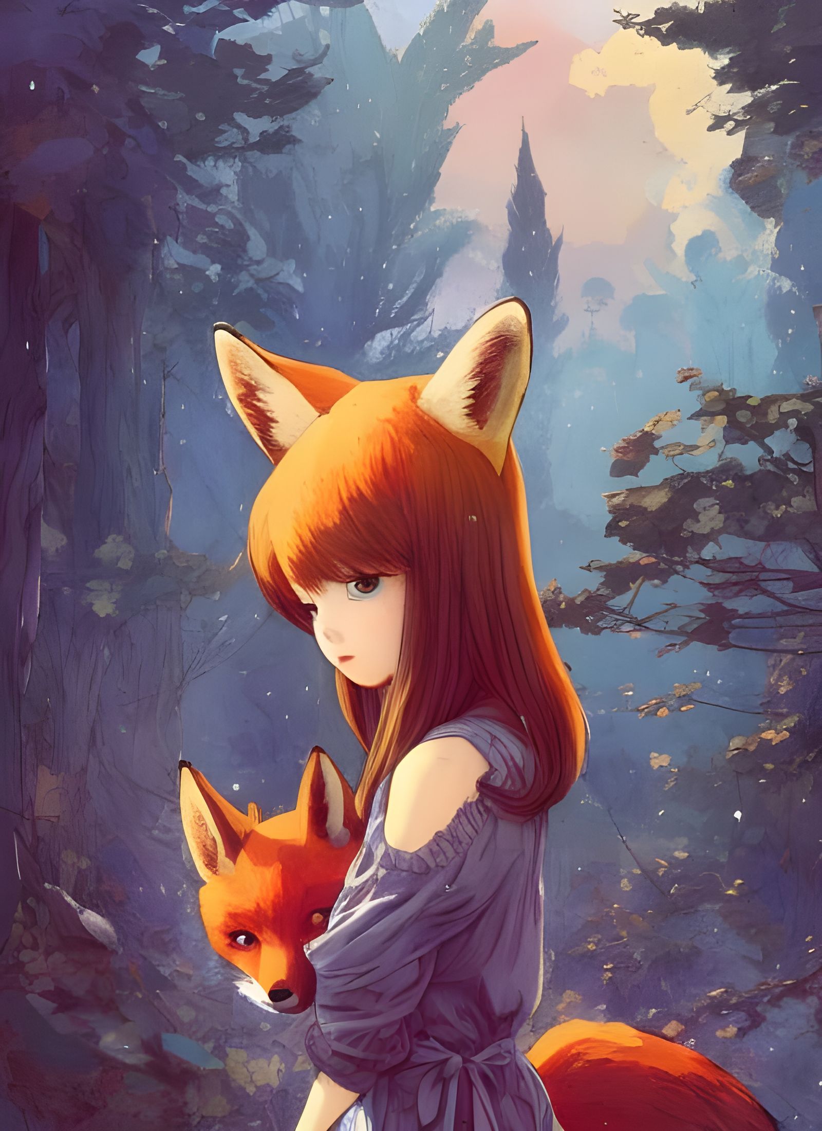 Cute Girl and Fox in Anime Style