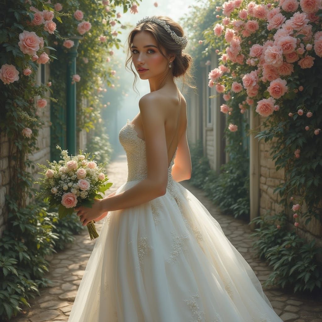 Elegant Bride in Alleyway, in Oil Painting Style