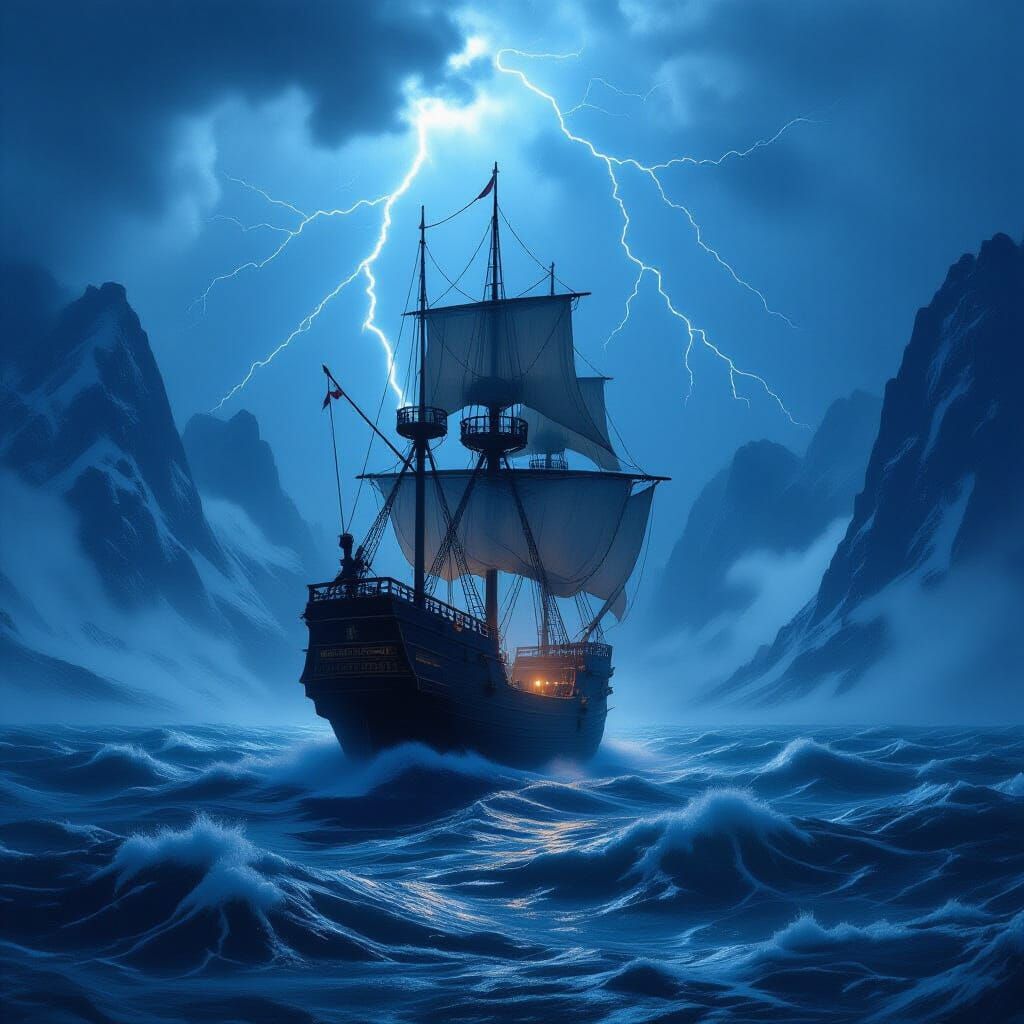 Ethereal Pirate Ship in Stormy Seas