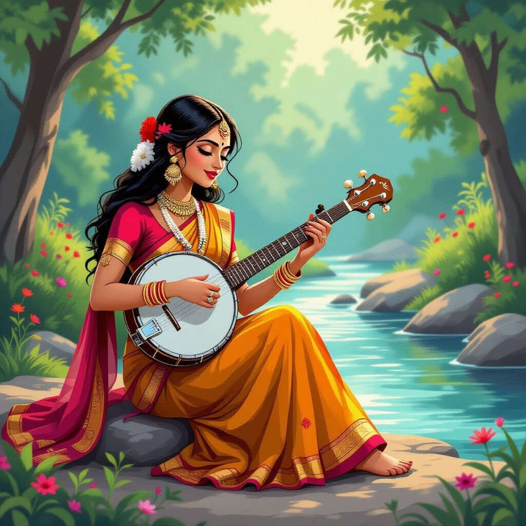 Indian Woman Banjo Player in Caricature Style