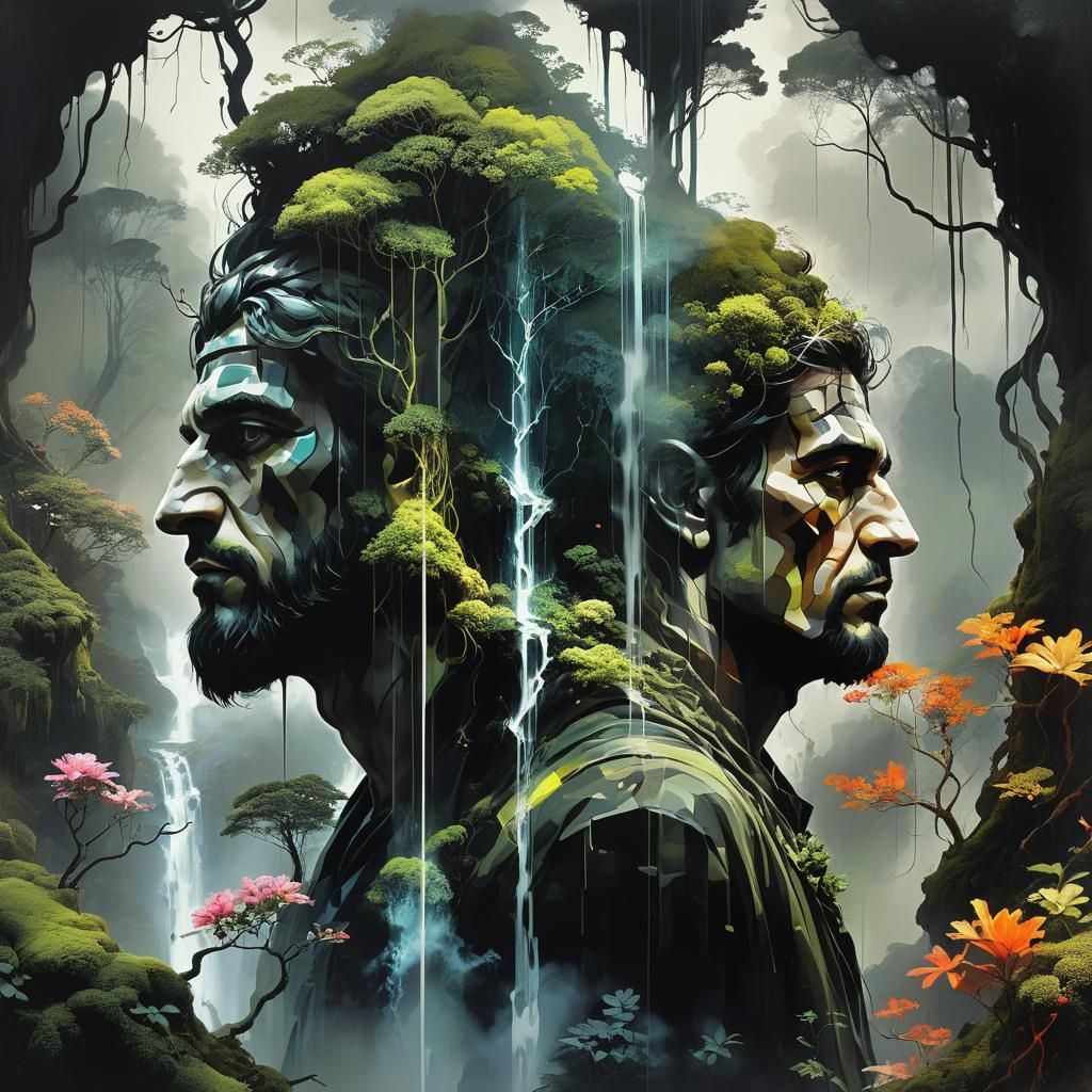 Druid in Jungle: Dynamic Ink Double Exposure Painting