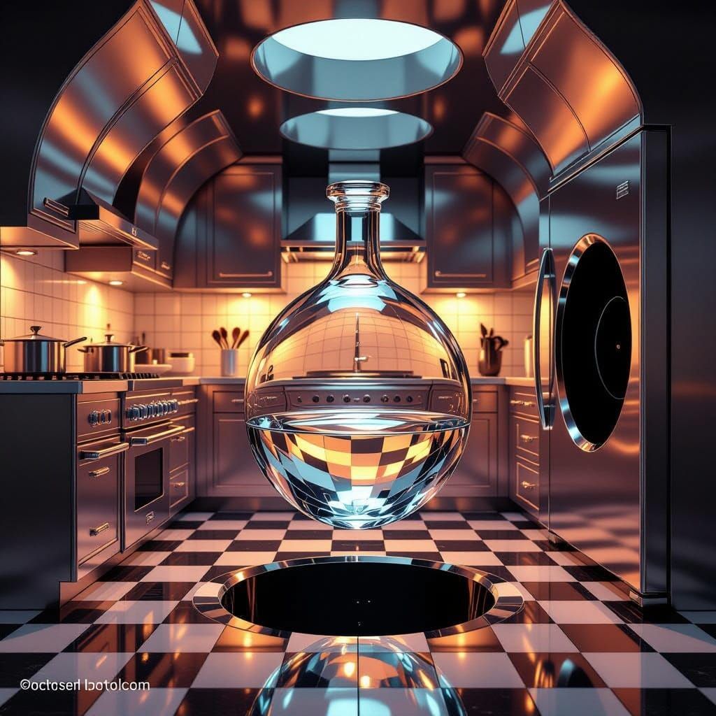 Surreal Escher-Inspired Scene with Crystal Klein Bottle
