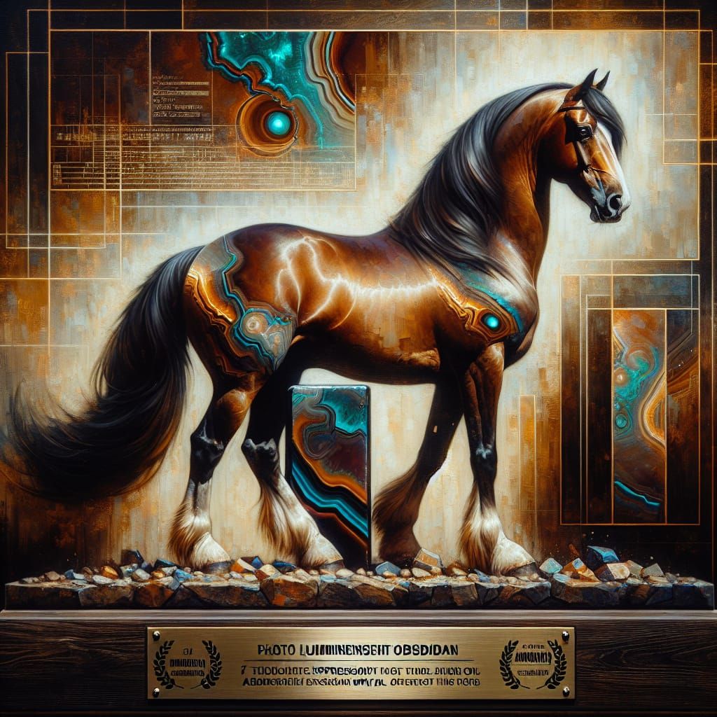 Majestic Horse Oil Painting with Obsidian Mineral Background