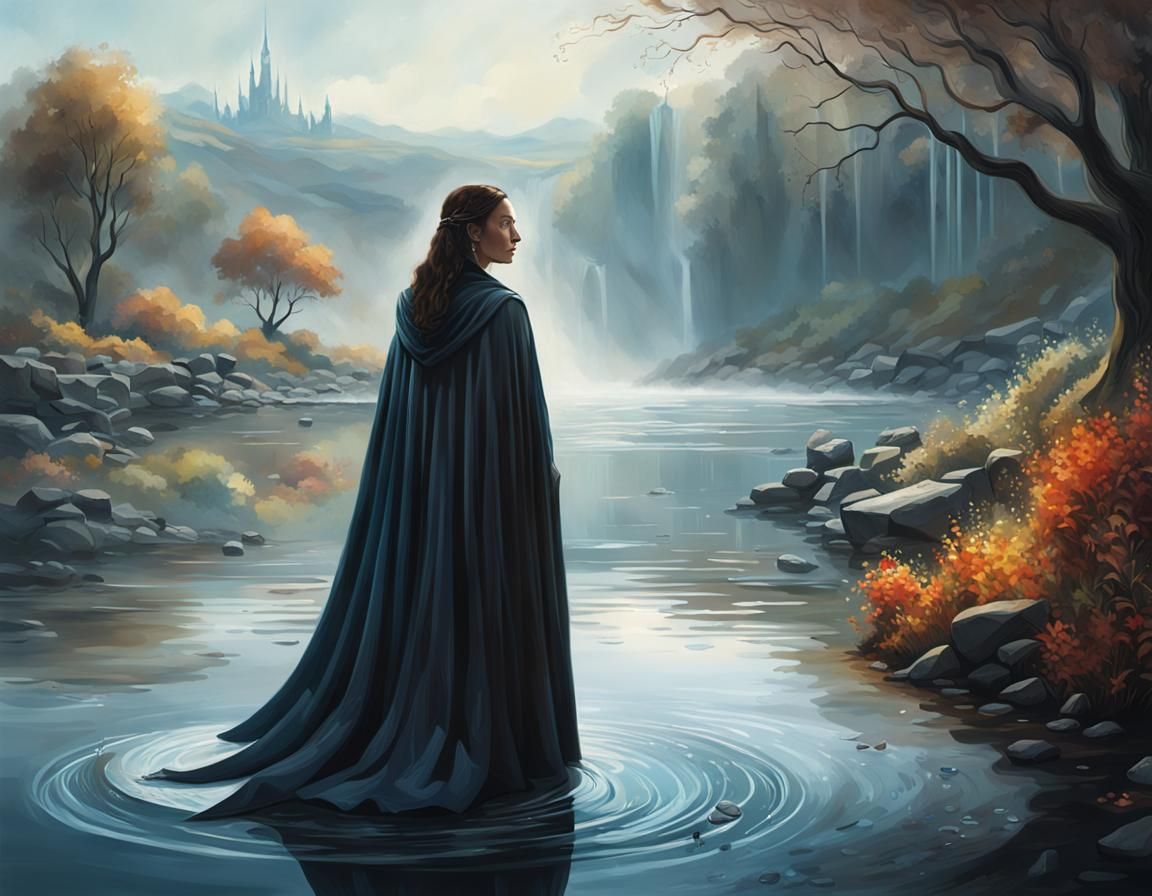 Cloaked Woman by Riverbank in Hyperrealistic Style