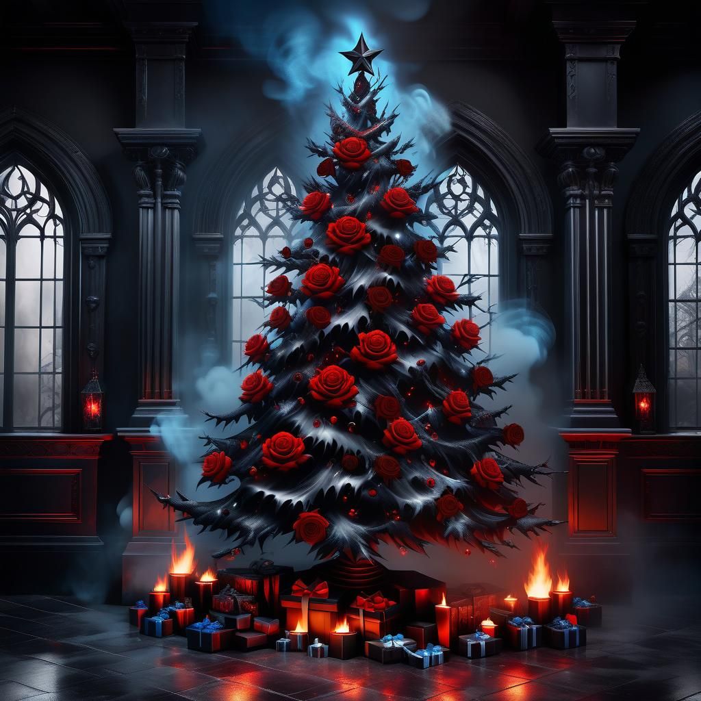 Burning Black Christmas Tree in Gothic Setting
