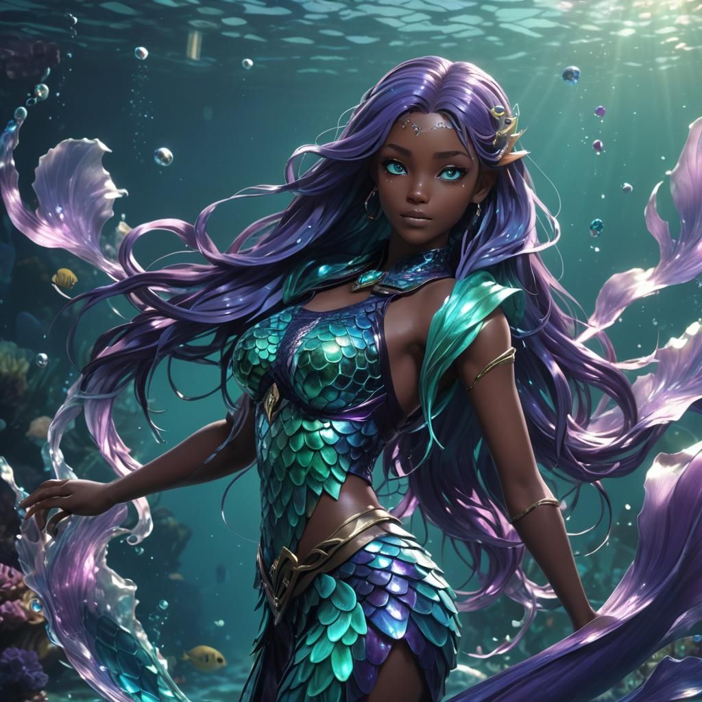 Androgynous Siren in Teal Waters: 3D Anime Art