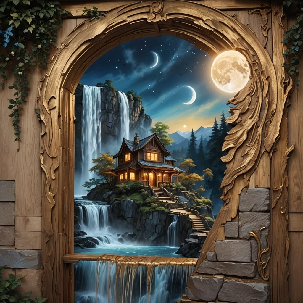 Crescent Moon Waterfall Fantasy Matte Painting