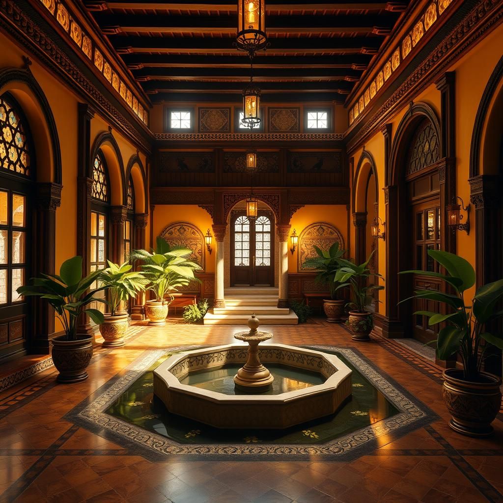Andalucian House Interior with Fountain, Hyperrealistic Styl...
