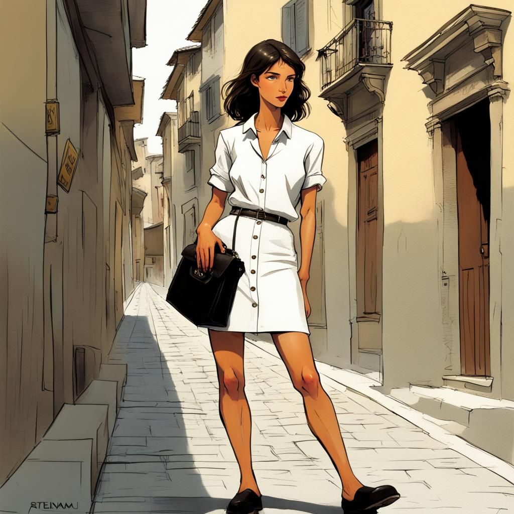 Girl in Empty Street, Moebius Style Illustration
