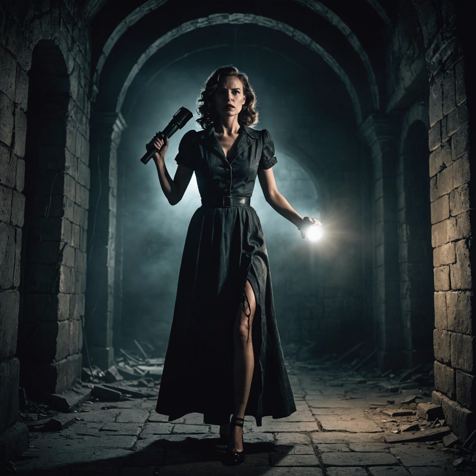 Distraught Woman Escaping Dungeon in Noir Style