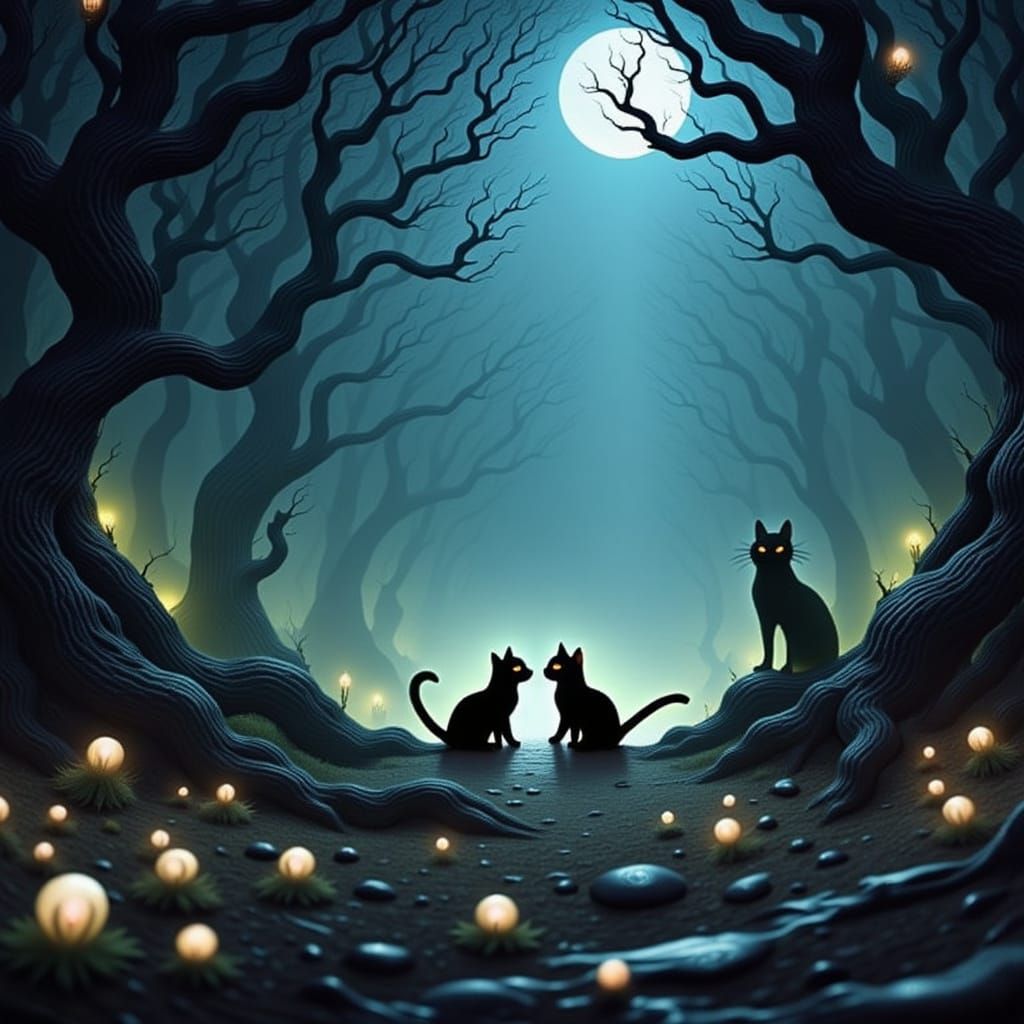 Hyperrealistic Cats Play With Glowing Orbs in Gothic Forest