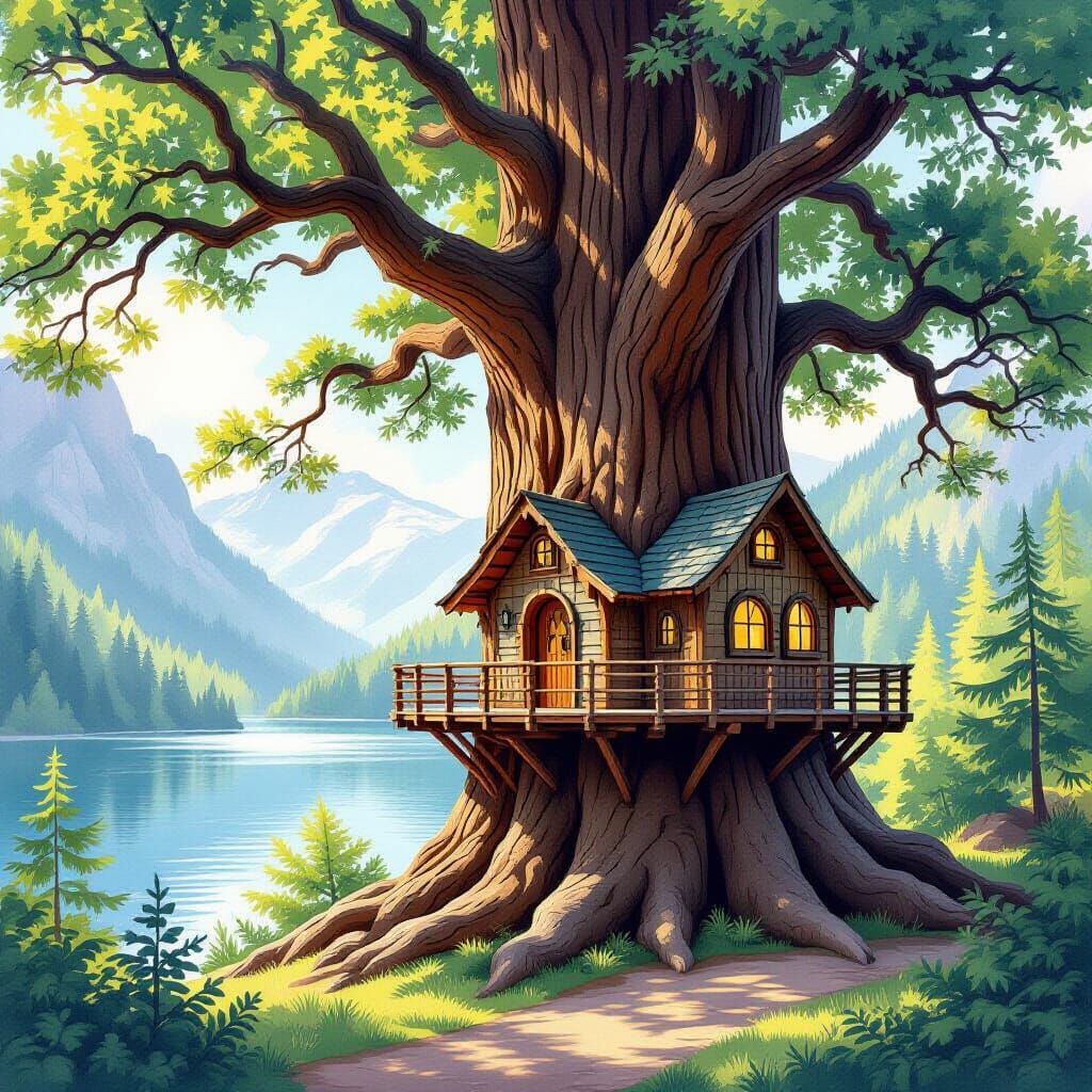 Whimsical Treehouse Overlooking Mountain Lake in Watercolor ...