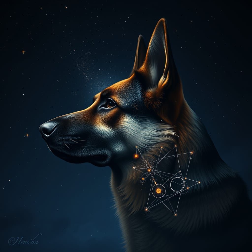 Majestic German Shepherd in Cosmic Night Sky