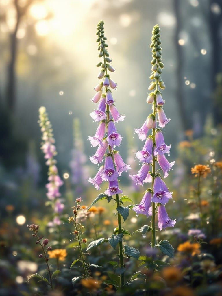 Ethereal Morning Foxglove Blooms in Misty Forest