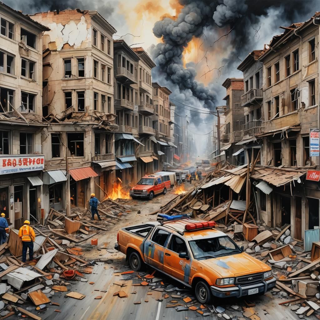 Earthquake Aftermath: Destruction and Rescue in Oil Painting