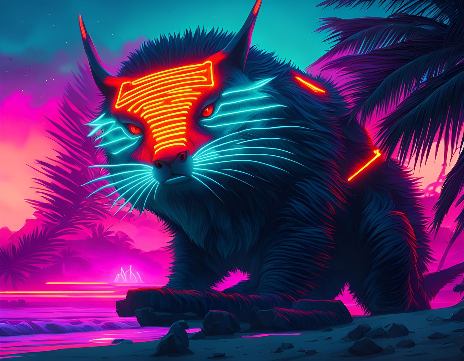 Cyberpunk Beach Party Disrupted by Strange Animal