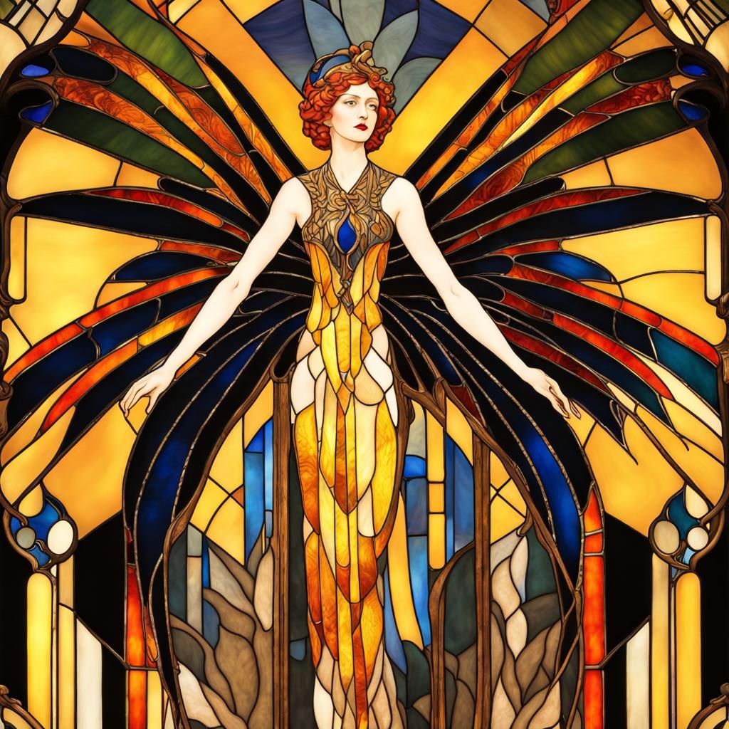 ART DECO stain glass window of the Firebird