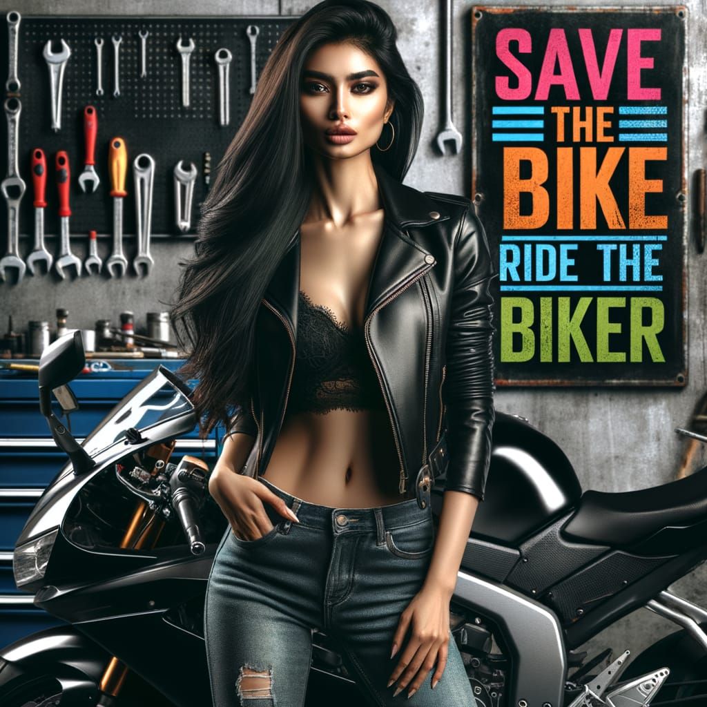 Confident Woman and Motorcycle in Grungy Garage