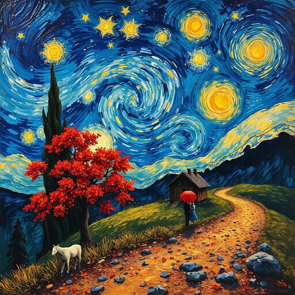 Dreamy Starry Night Landscape in Impasto Style