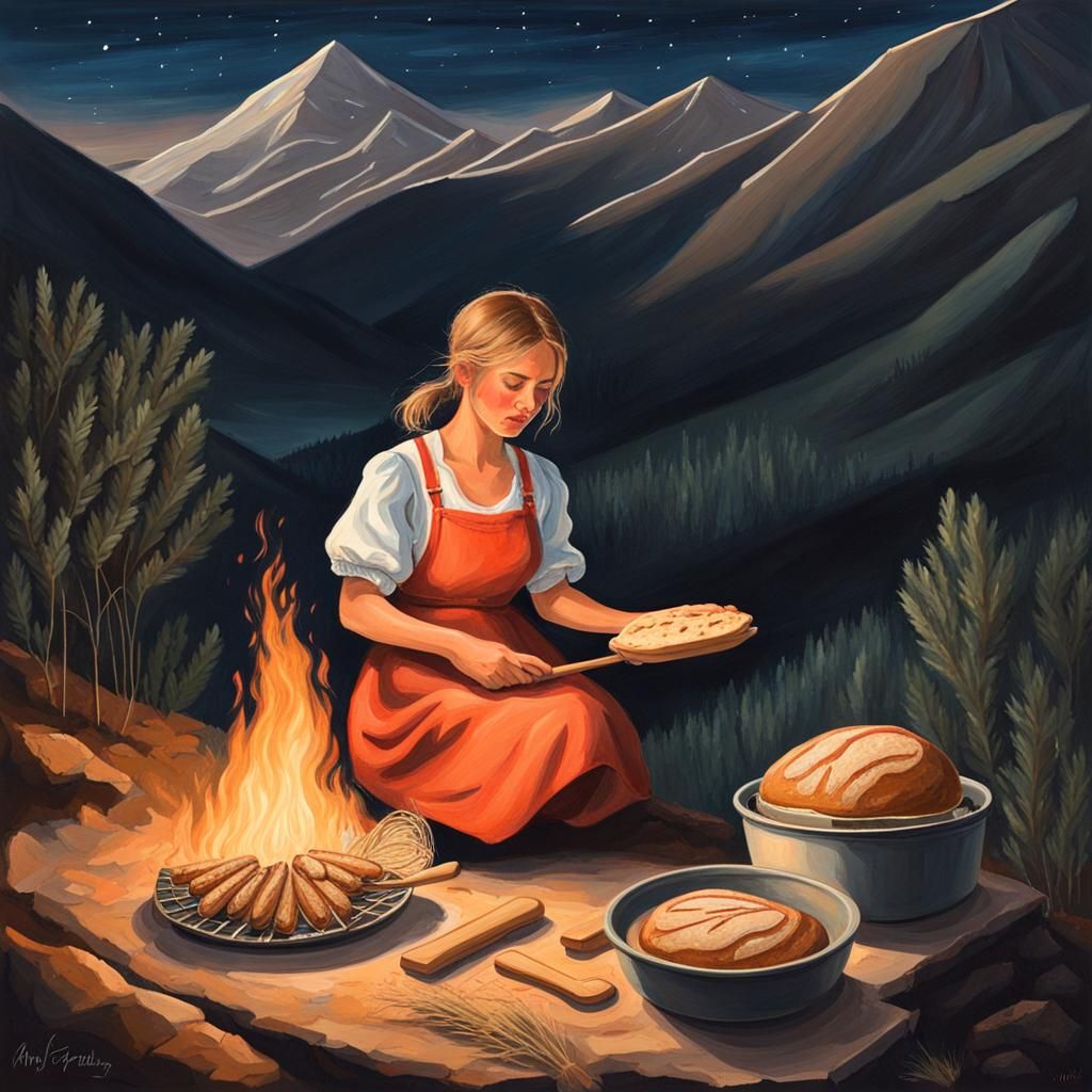 Mountain Girl Baking Bread: Gouache Painting