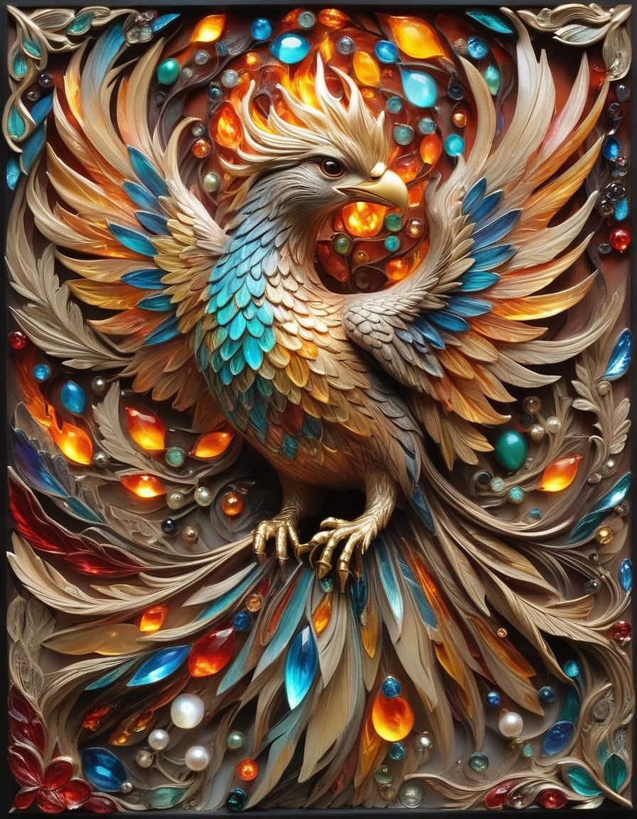 Opalescent Phoenix Carving in Psychedelic Colors