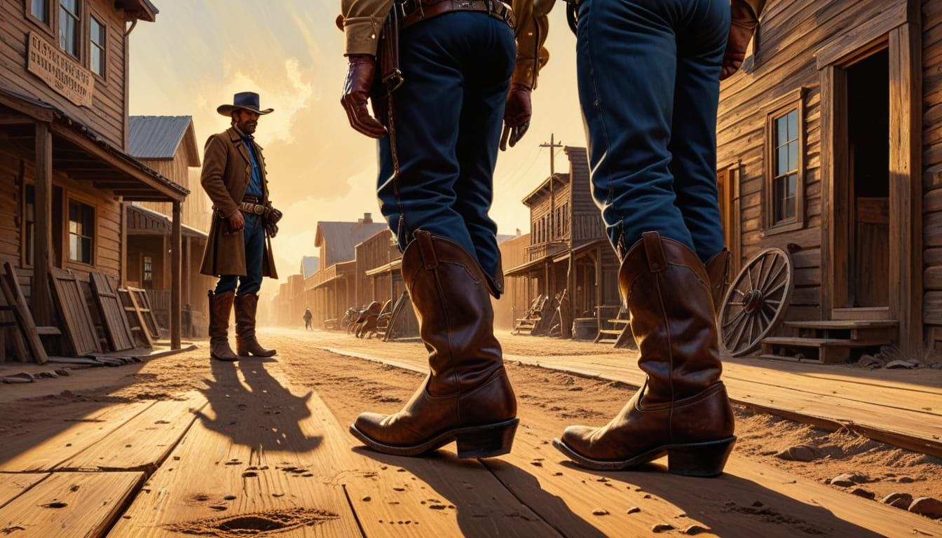 Sheriff and Outlaw Faceoff in Old West Oil Painting