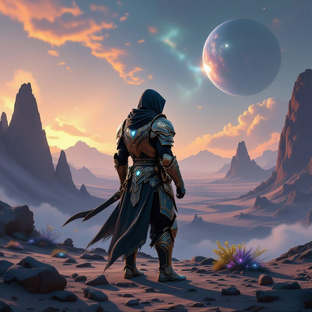 Warrior on Alien Planet Overlooking Nebula in Matte Painting...