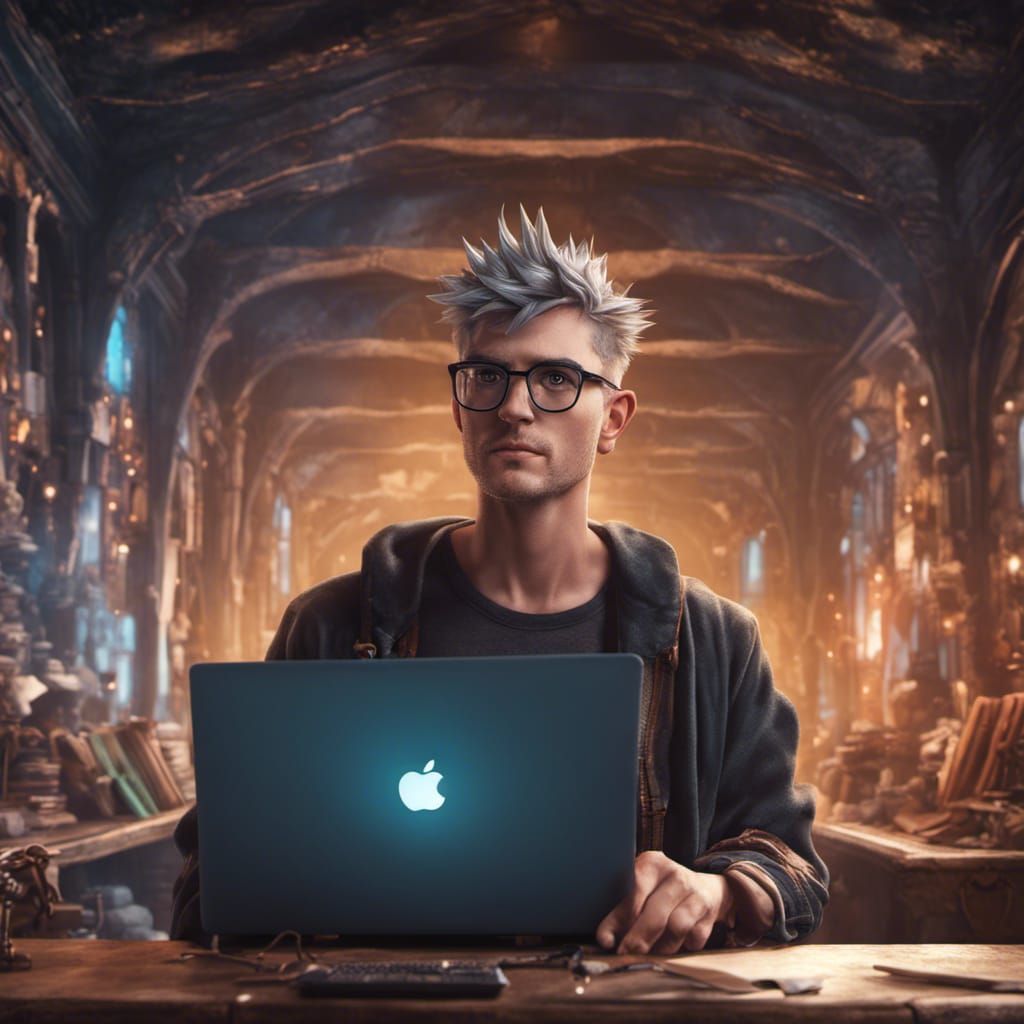 Man with Laptop: Detailed Matte Painting in 8K
