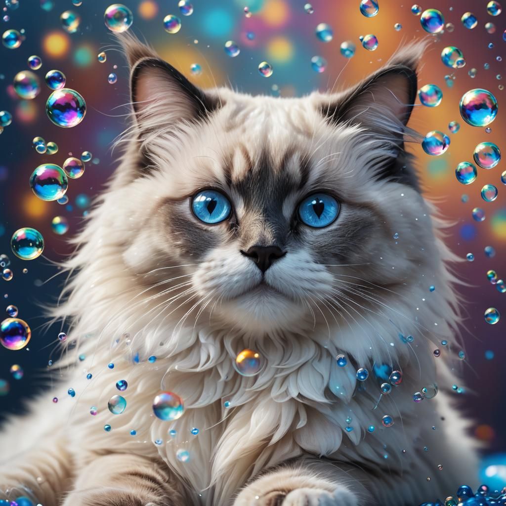Ragdoll Cat Plays with Iridescent Bubbles in Splash Art