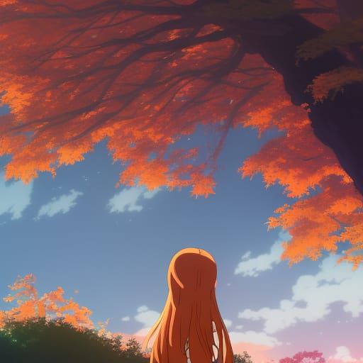 Girl Watching Autumn Leaves Fall, Anime Style