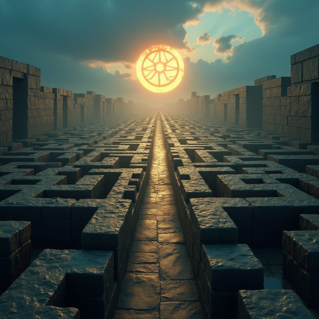 Mystical Hieroglyphic Maze in Atmospheric Matte Painting Sty...