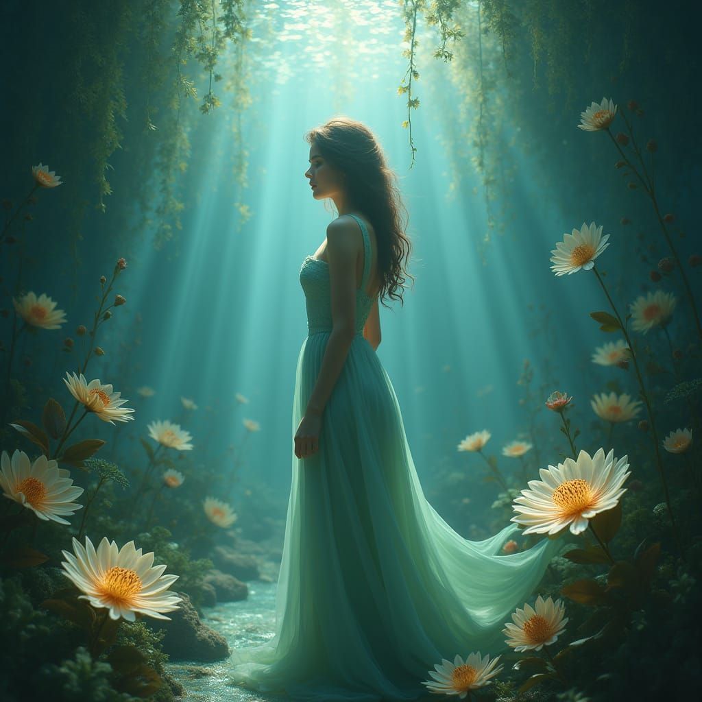 Underwater Garden Scene with Serene Woman, Dreamy Art
