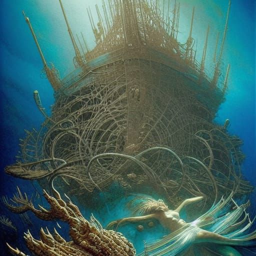 Underwater Shipwreck and Coral Reef in Gothic Style