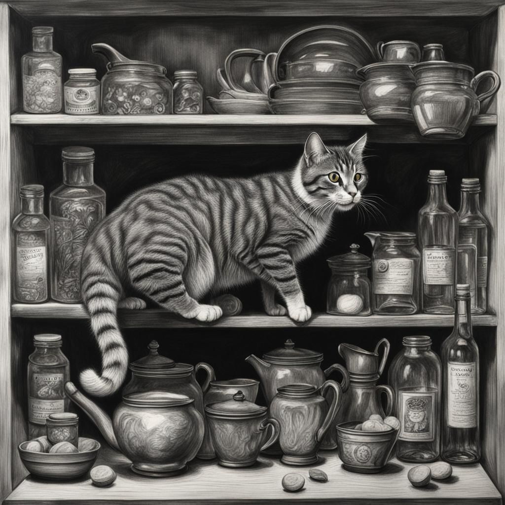 Hyperdetailed Charcoal Drawing of Mischievous Cat