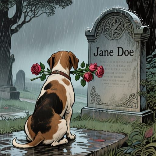 Loyal Dog Visits Grave in Rainy, Gloomy Scene