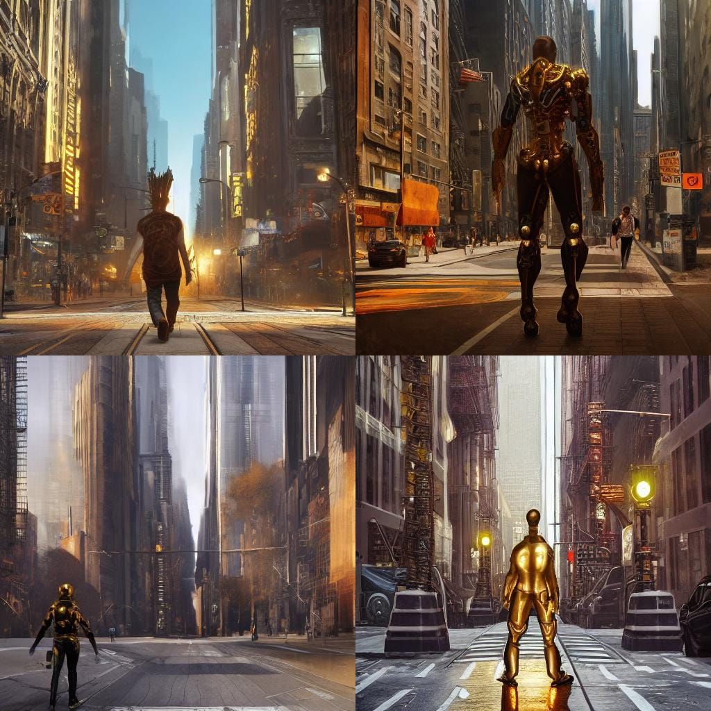 Giant Golden Cyborg in Manhattan: Photorealistic Art