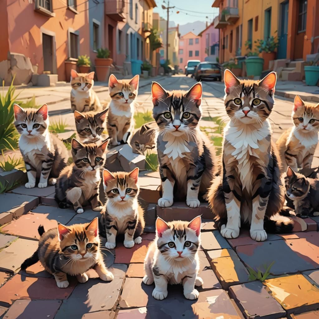 Kittens Play in Urban Landscape: Low-Poly Art