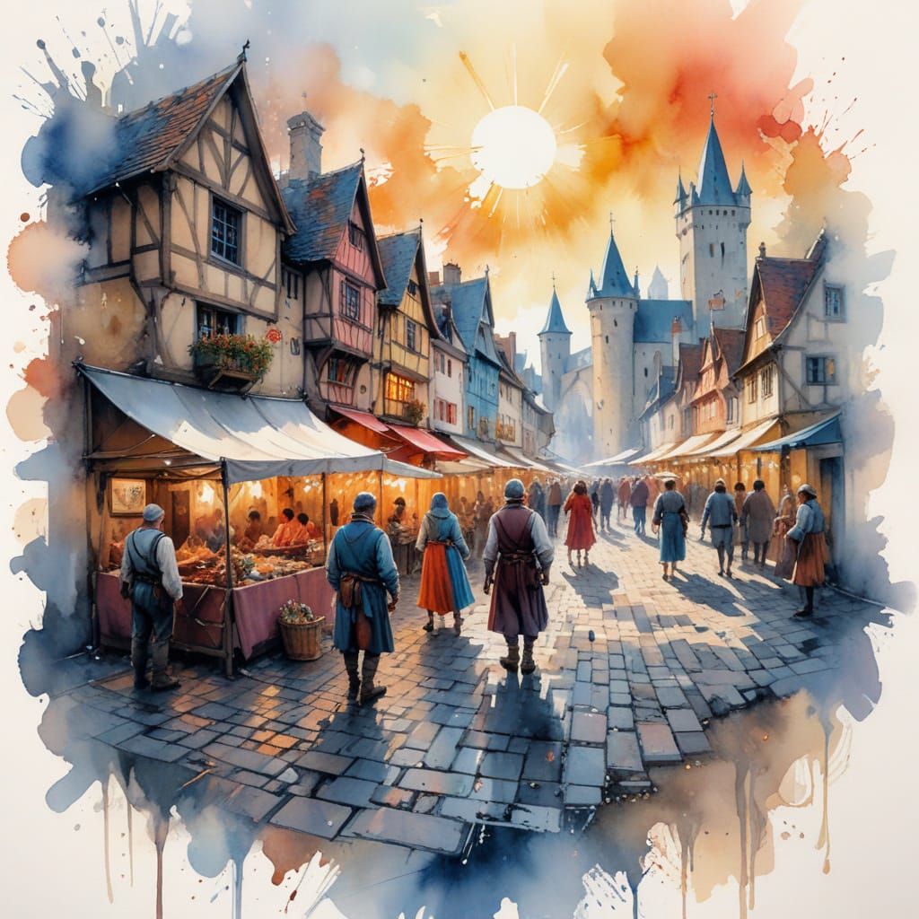Medieval Marketplace Vibrance in a Sunlit Town Square