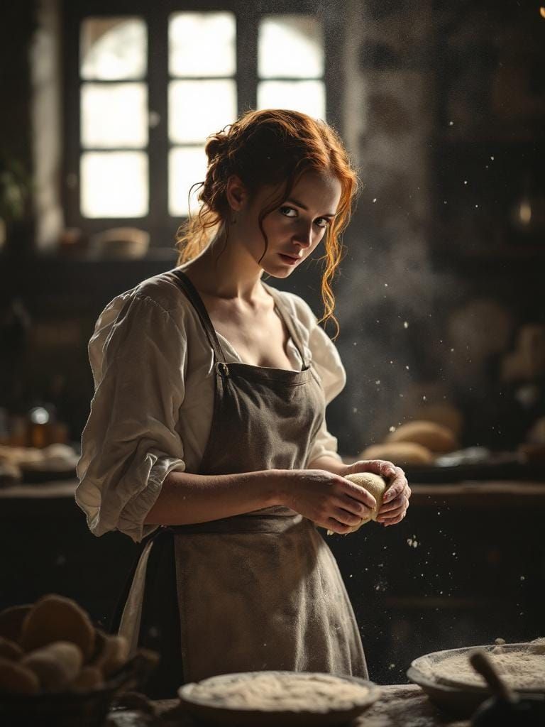 Redhead Baker in Kitchen with Film Noir Lighting