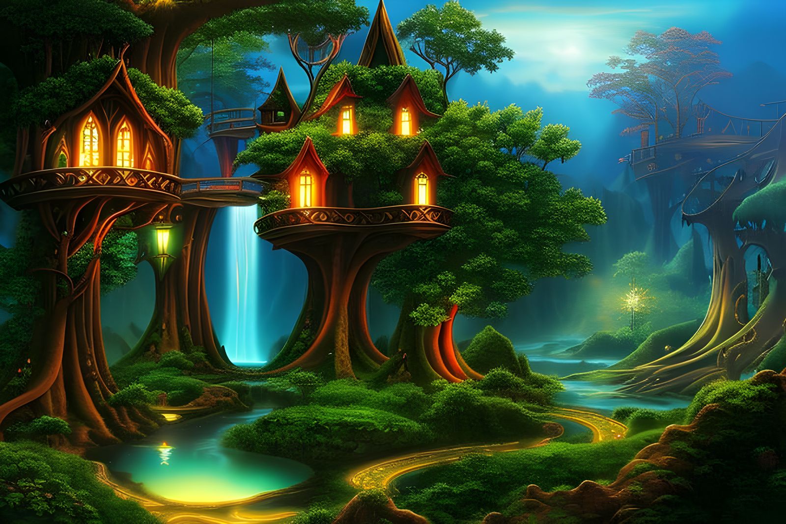 Enchanting Elven Tree City in Mystical Woods