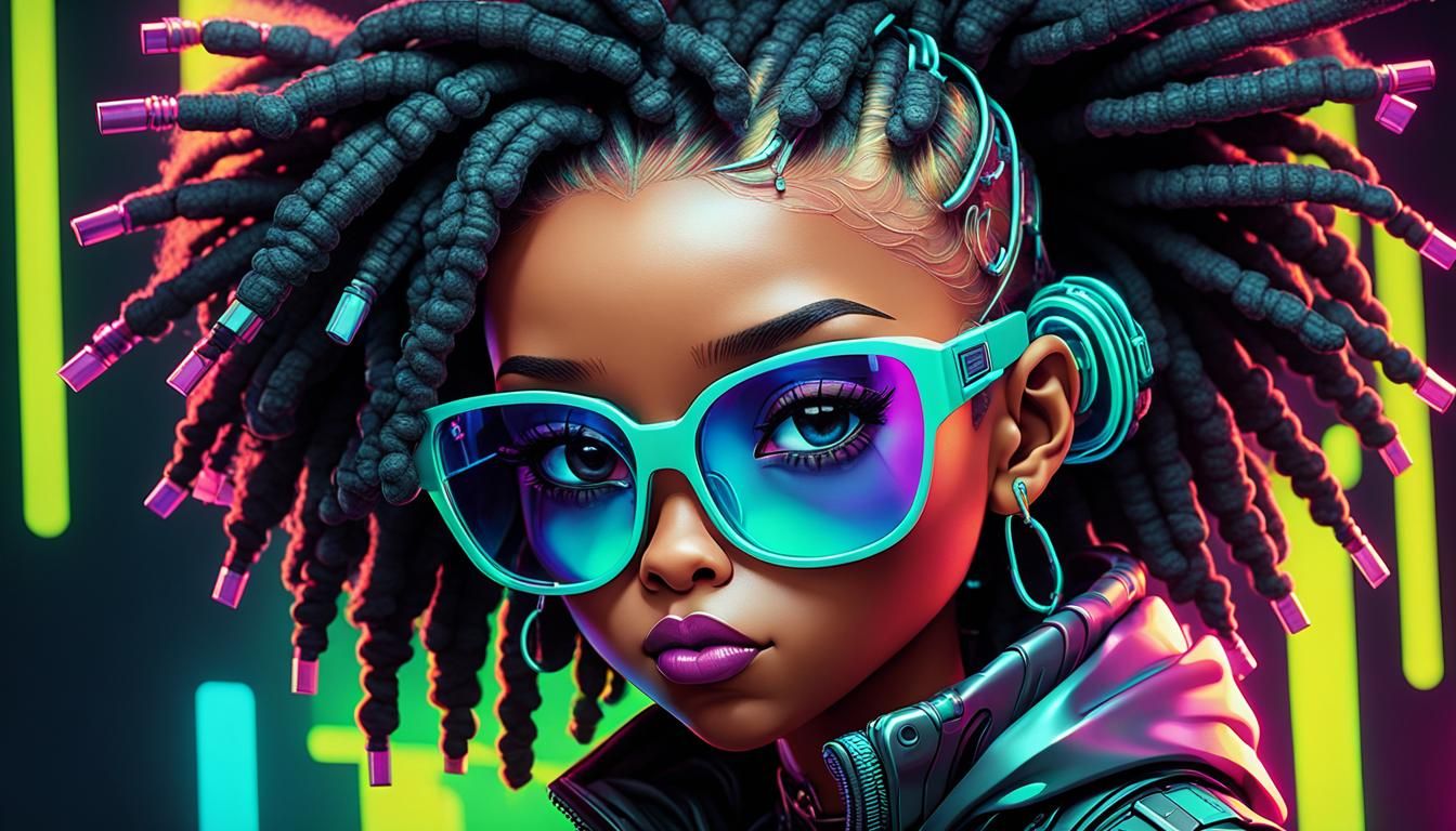 Cyberpunk Chibi DJ with Abstract Geometric Design