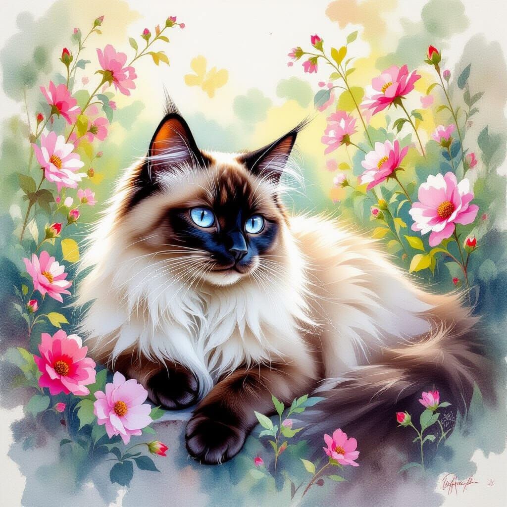 Siamese Cat in Ethereal Oil Painting Garden