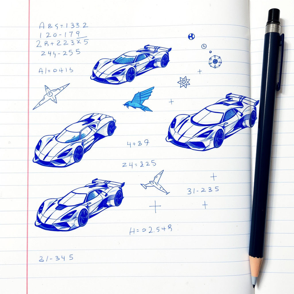 Futuristic Sportscars: Blue Ink Doodles on Notebook