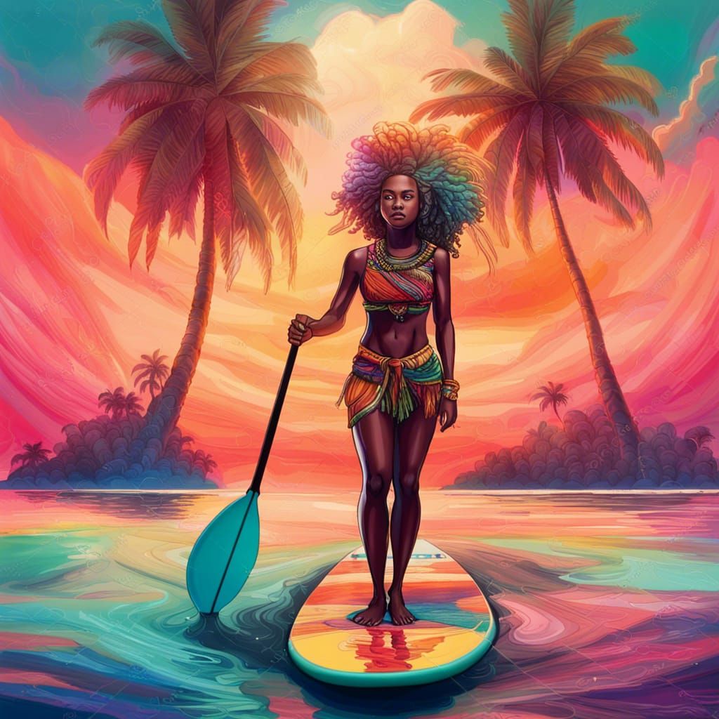 Caribbean Paddleboarder in Surreal Graffiti Art Landscape