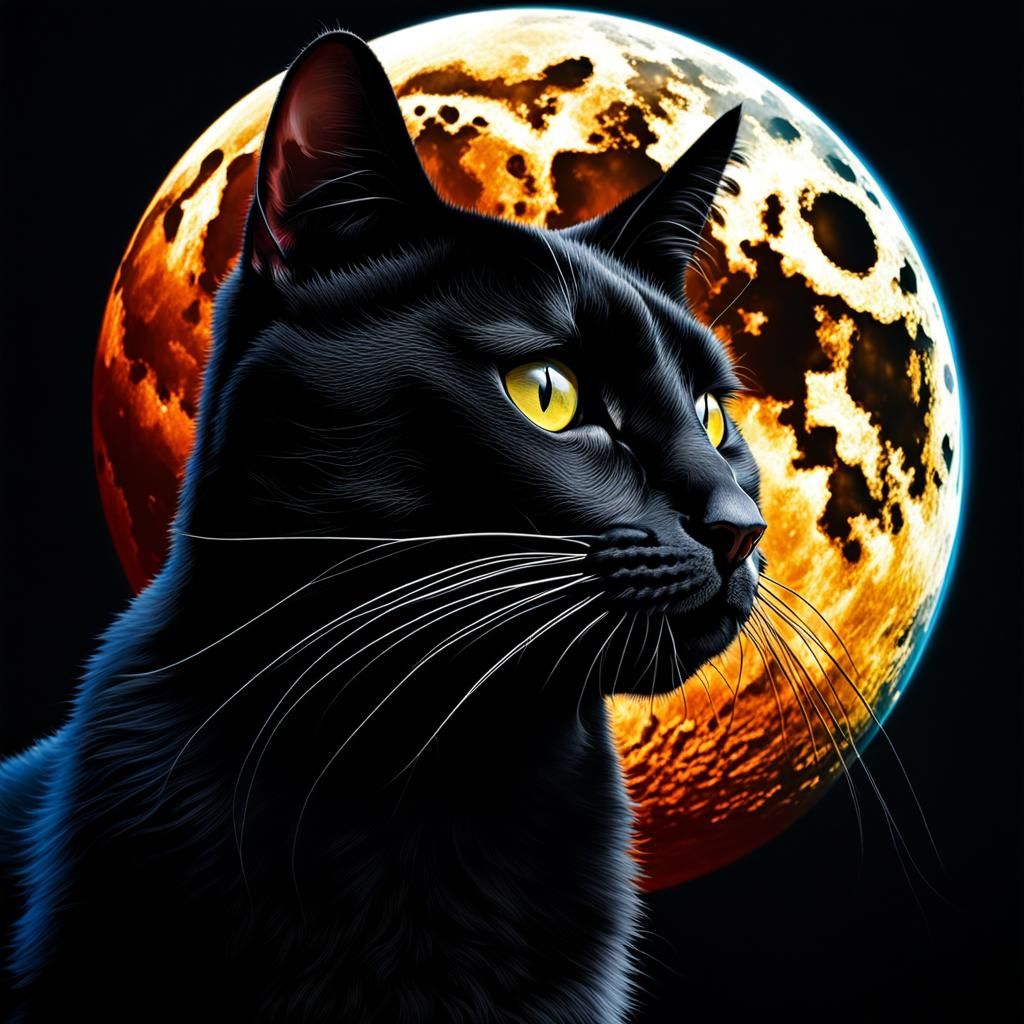 Hyperrealistic Black Cat Gazing at Moon