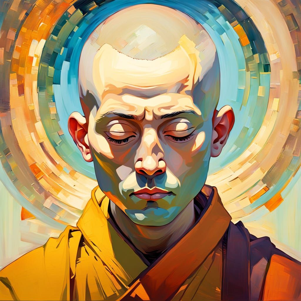 Serene Monk Meditates: Surreal Fauvist Oil Painting