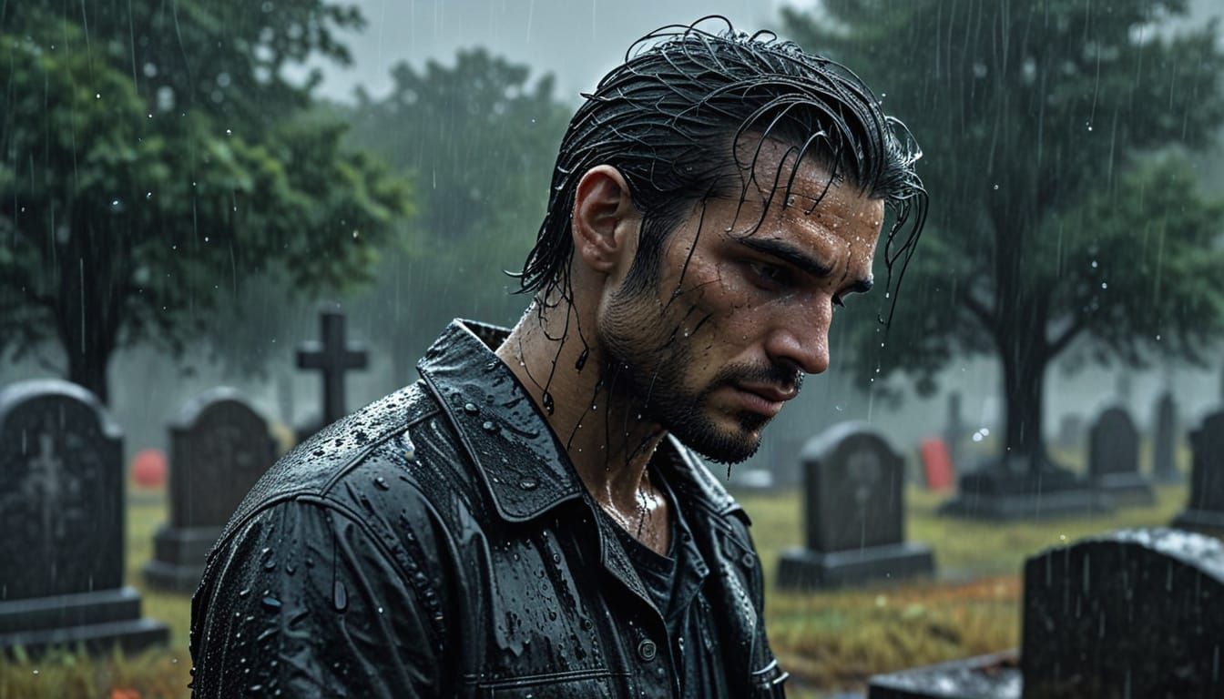 Grieving Man at Grave in Rain, Acid Ink Style