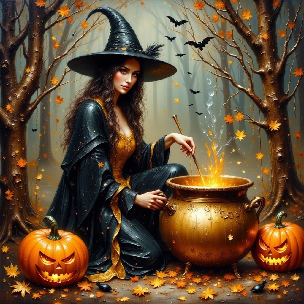Whimsical Witch Halloween Scene in Oil Paint