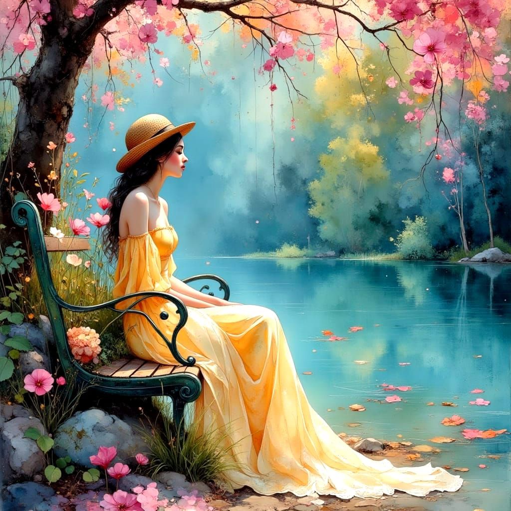 Art Nouveau Lady by Dreamy Lake with Bubbles