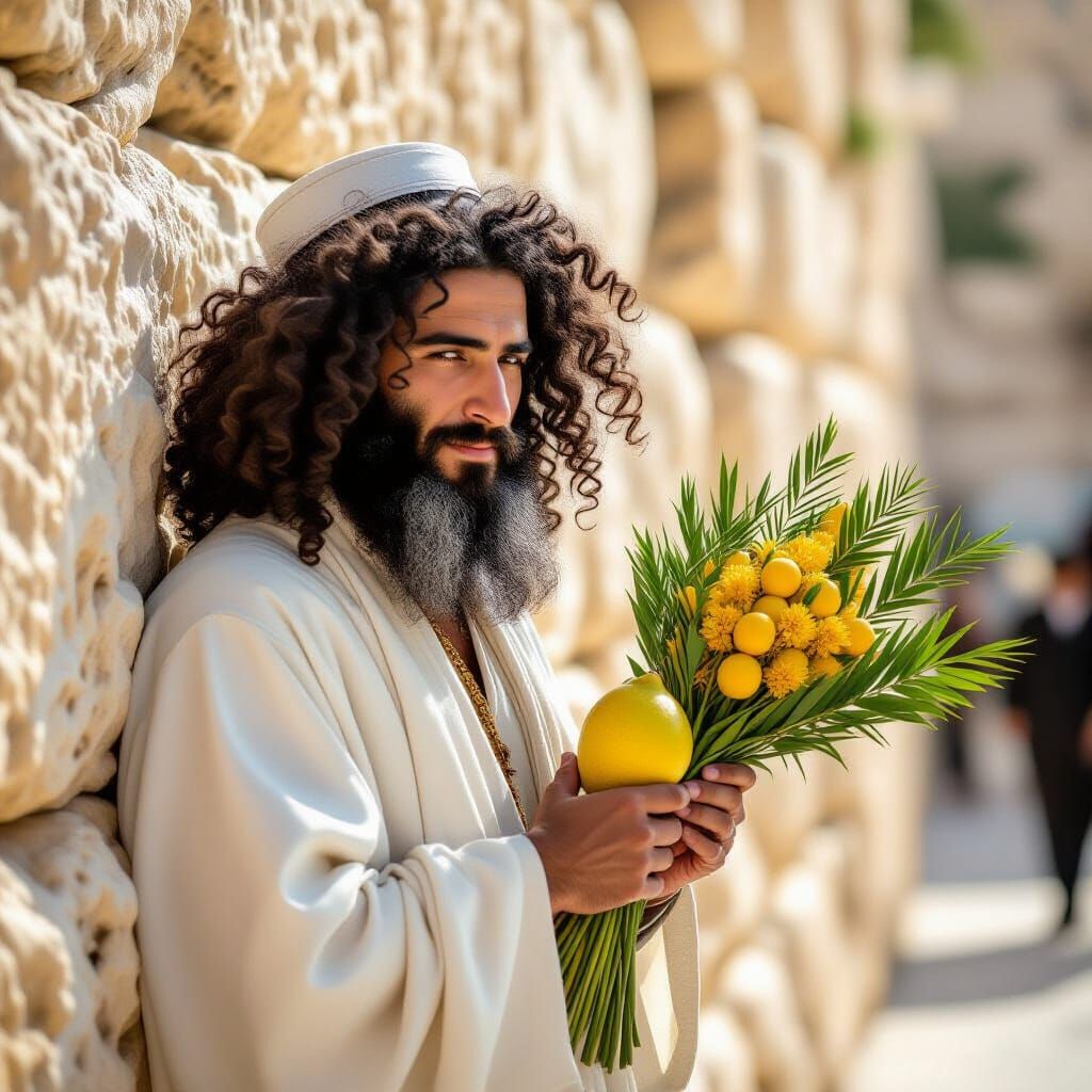 Yemenite Jewish Man Holds Four Species at Western Wall